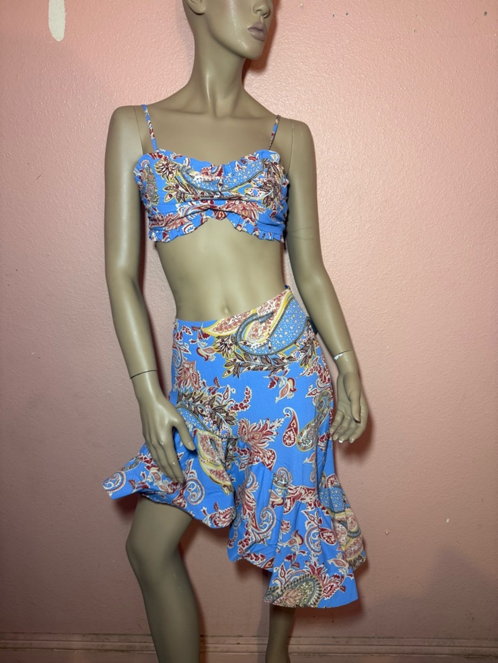 Roxeyblue Blue Paisley 2 Piece Set Crop Top + Ruffle Skirt Beach Vacation Small